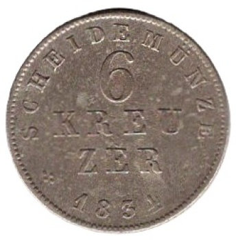 Hessen Groserzogthum 6 Kreuzer 1834 Ludwig II.