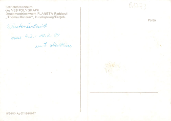 01773 Hirschsprung Erzgebirge Betriebsferienheim Polygraph * 1984