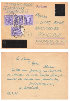 Hitler head stationary redaction with AM Post 3 Pfennig o Gerabronn March 25, 1946 to Schwerin