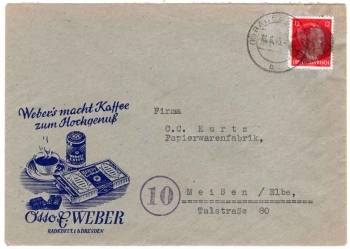 Blackening of Hitler's head 12 pfennigs on a letter from Weber's Kaffee Radebeul on June 16, 1945 to Meissen