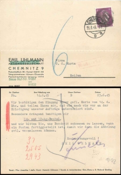 SBZ blackening OPD Chemnitz AP 785 6 Pfg Hitler on postcard from Chemnitz 6/25/1945 to Meissen postage due