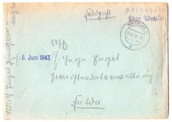 35625 Hörnsheim via Wetzlar Country postmark on field post letter o June 3, 1943 to Fulda