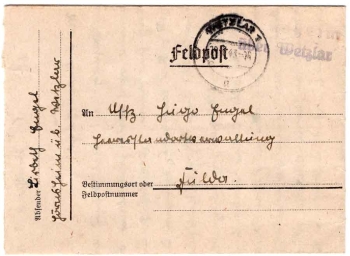 35629 Hoernsheim via Wetzlar Country postmark on field post letter 2nd World War o Wetzlar 1 4/20/1943