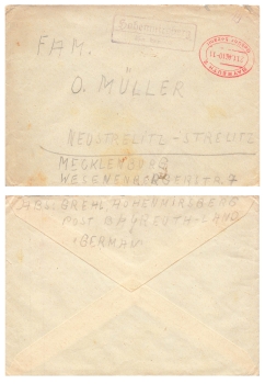 91278 Hohenmirsberg Country postmark and fee paid Stamp on letter o Bayreuth 2 January 21, 1946 to Neustrelitz