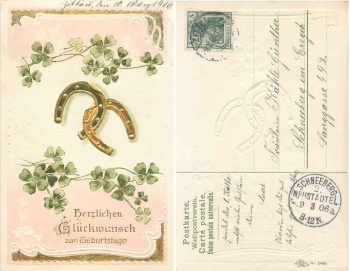 Horseshoe gold embossed birthday card o 9.3.1906