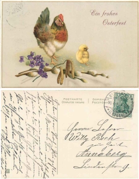 Chicken with chick Easter card o April 10, 1914
