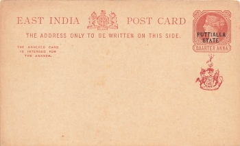 East India Post Card Puttialla State Quarter Anna Ganzsache 1889