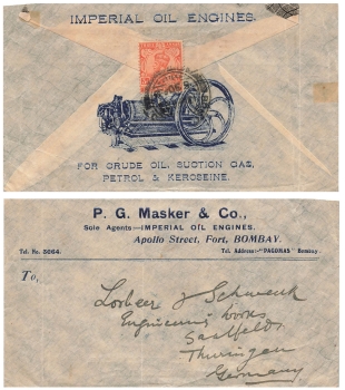 India Postes Three Annas King George auf brief der Imperial Oil Engines Bombay nach Saalfeld