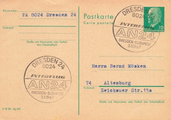 GDR postal stationery 10 Pfennig Ulbricht special cancellation Interflug AN24 Dresden Budapest May 3, 1967