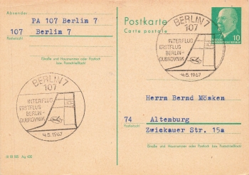 Interflug first flight Berlin Dubrovnik special cancellation on GDR postal stationery 10 Pfennig Ulbricht May 4, 1967