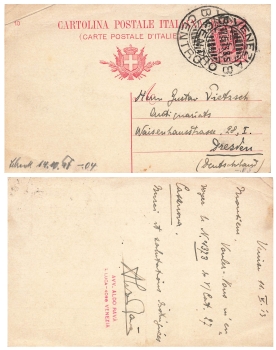 Italy Cartonlina Postale 10 Centesimi postal stationery o Venecia May 12, 1913 to Dresden