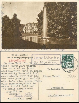 07751 Jenaloebnitz via Buergel (Thuringia.) Country postmark on AK Meiningen o 7.1.1935