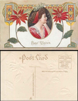 Art Nouveau gold embossing card woman with flowers * around 1910