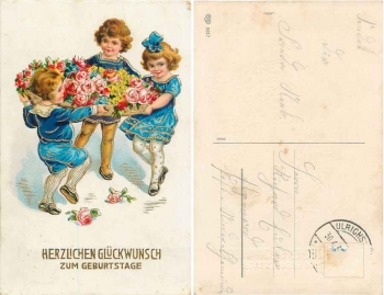 Children with a basket of flowers gold-cut birthday card o April 30, 1930