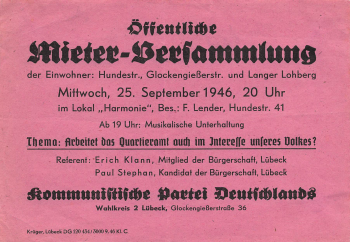 KPD Luebeck Handzettel zur Mieter Versammlung Hundstrasse Glockengiesserstrasse und Lang Lohberg 1946