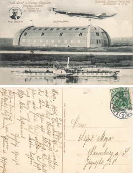 Kaditz Dresden Zeppelinhalle mit Luftschiff Sachsen"Elbdamper Bodenbach o 1914