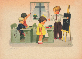 Kaethe Kruse doll series "She knows nothing" School artist card A. Wagner * around 1940