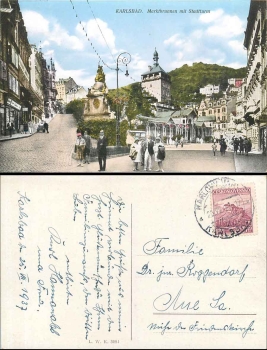 Karlsbad market fountain with city tower o 25.7.1937