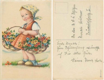 child with flower baskets circa 1940
