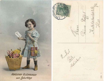 Girl with letter, gold-edged birthday card o February 26, 1915