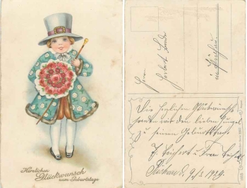 child with top hat stick bouquet of flowers birthday card br. 1929