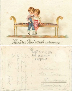 Children on a bench "BEGRO" birthday card o around 1930
