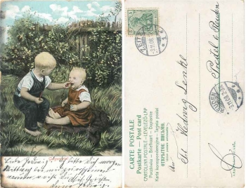Children in the garden eating carrots artist card o 03.11.1908
