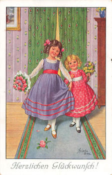 Children with Flowers, Artist Postcard J. Kraenzle, Vienna, 1923