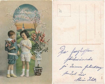 Children flowers silver cut card used circa 1915