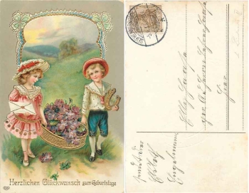 Kinder mit Blumenkorb Briefumschlang Glückshufeisen goldschnitt Karte o 5.6.1913