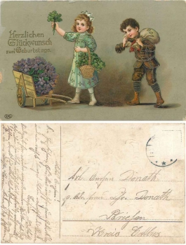Children with money bag and wheelbarrow gold edging birthday card around 1910