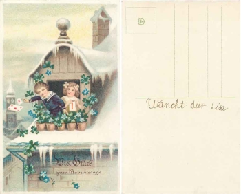 Children with shamrocks birthday card circa 1910