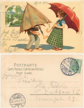 Kinder mit Regenschirm Künstlerkarte o 29.4.1905