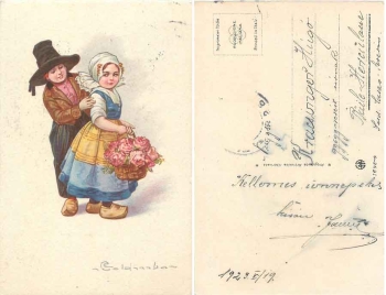 Mädchen und Junge mit Rosenkorb Künstlerkarte Colombo o 19.5.1923