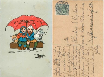 Kinder unter einem Regenschirm Künstlerkarte o 9.2.1913