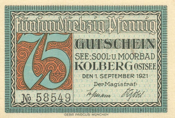 Kolberg Ostsee Pommern Kolobrzeg Notgeldschein 1921