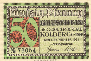 Kolberg Baltic Sea Pomerania Kołobrzeg Emergency banknote 1921