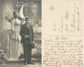Konfirmation Junge mit Schutzengel Serienkarte 6167/2 gebr. ca. 1910