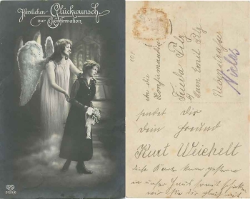 Konfirmation Schutzengel mit Mädchen gebr. ca. 1920