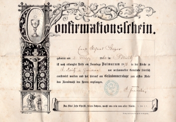 Confirmation certificate St Moritz Church Zwickau Ernst Richard Steger born 1862 in Polwitz