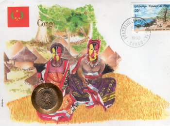 Kongo Brazzaville Numisbrief  mit 5 France 1985 Münze 1990