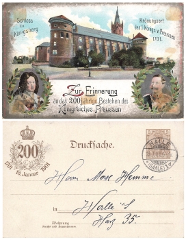 Konigsberg 200 years of Prussia private postal stationery Kaiser Wilhelm 1901 o Halle January 18, 1901