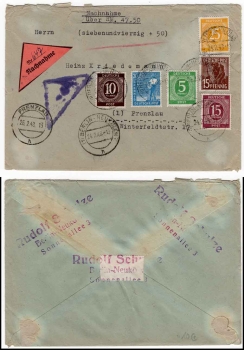 Control council issue Bund postage on cash on delivery letter o (1) Berlin-Neukölln 02/24/1948 to Prenzlau
