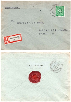 Kontrollratsausgabe Michel 936 auf R-Brief Bad Nauheim 27.5.1946
