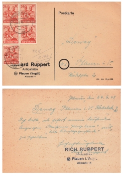 Control Council issue tenfold franking on card o Plauen Vogtland June 24, 1948