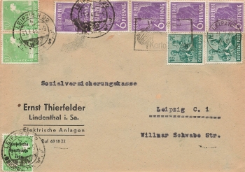 Kontrollratsausgabe Zehnfachfrankatur o Leipzig N22 31.7.1948 Mischfrankatur mit 10 Pfennig SBZ