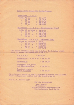 Berlin Korbmacher Chamber of Crafts Price list for white basketry 1952