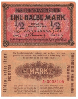 Kowno Eine Halbe Mark Darlehnskassenschein 4. April 1918 RO464 EWK-40