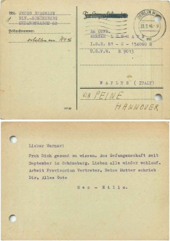 Kriegsgefangenenkarte nach US-Lager Naples Italien o 22.2.1946