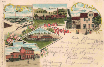 07387 Krölpa Thüringen Gruss aus ... Litho mit Gasthof und Bahnhof o 1903